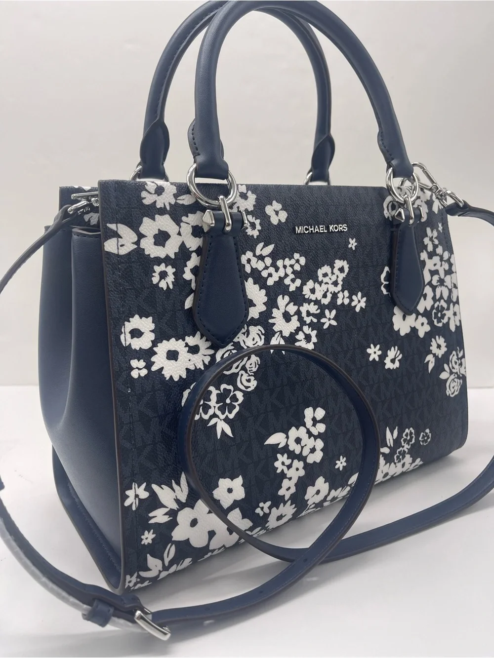 MICHAEL KORS Marilyn Md Printed Signature Logo Satchel Crossbody  Admiral  NWT